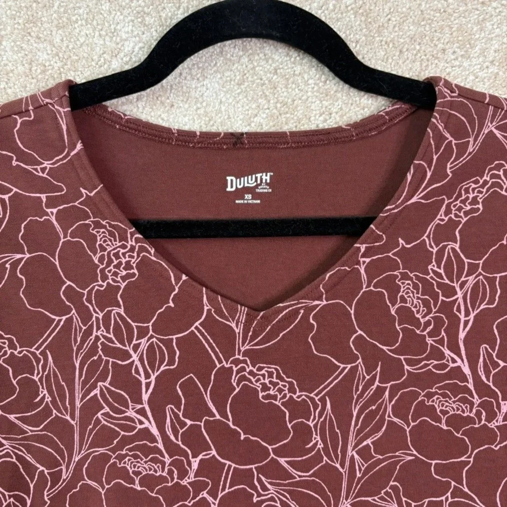 DULUTH TRADING CO Dress Women's XS Burgundy Floral V-Neck Short‎ Sleeve Pockets
